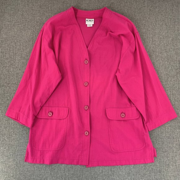 Koret Petites Fuchsia Pink Button Down Jacket Blouse Large Cotton Polyester Span - Picture 1 of 8